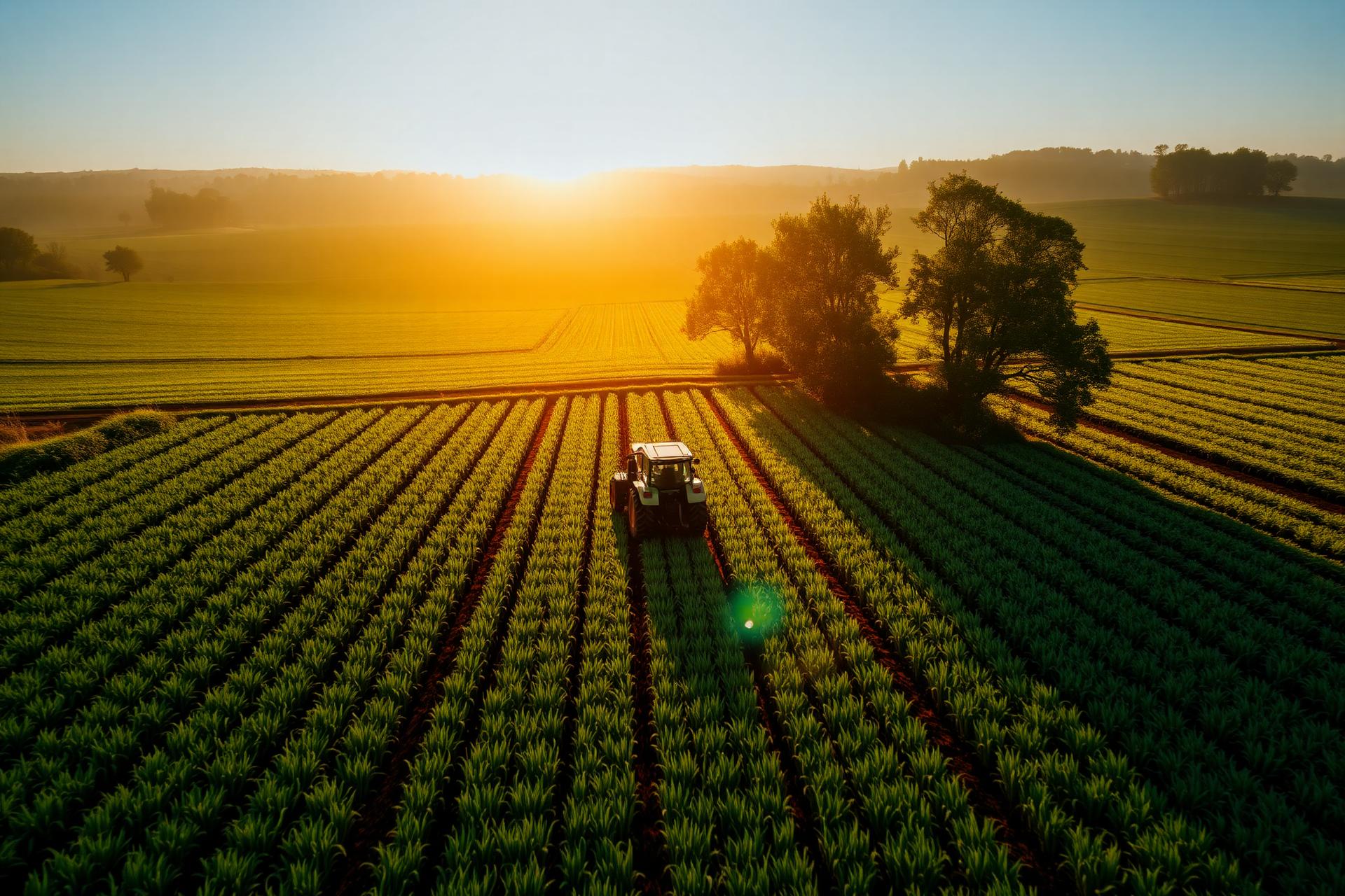 Aerial view of farm at sunrise